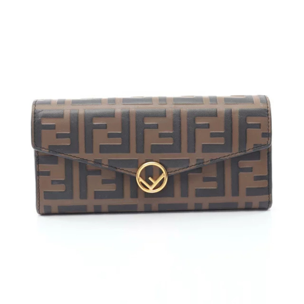 Fendi F Zucca Bi fold Long Wallet Leather Brown Black